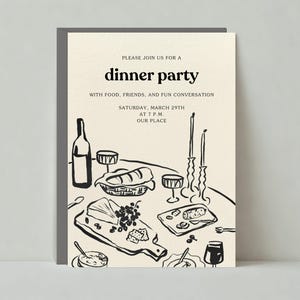 Sjabloon uitnodiging etentje | Illustratief | Eten, vleeswaren, wijn, eettafel | Directe download, aanpasbaar | Papierloze post