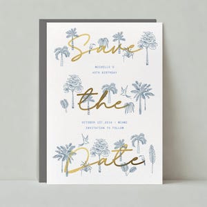 Plantilla personalizable para guardar la fecha de cumpleaños sin papel / Negrita y tipográfica / Hoja de palma, Vintage, Destino / Descarga instantánea
