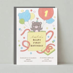 Modello di invito per festa di compleanno per bambini personalizzabile senza carta / Animali, palloncini, coriandoli, primo compleanno / Download immediato