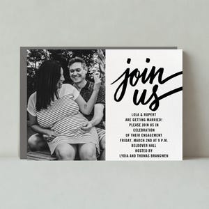 Invitación de fiesta de compromiso / Diseño tipográfico llamativo / Foto minimalista / Plantilla personalizable para publicación sin papel / Descarga instantánea