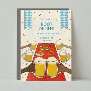 Papierloze post aanpasbare sjabloon voor uitnodiging Oktoberfest-feest | Illustratief | Bierkroes, pretzels, gejuich, mok | Direct downloaden