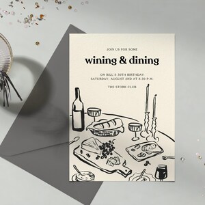 Sjabloon uitnodiging verjaardagsfeestje | Illustratief | Eten, vleeswaren, wijn | Directe download, aanpasbaar | Papierloze post