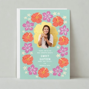 Sweet 16-feestuitnodiging | Verjaardag kinderen, lijst, bloemen, plumeria, hibiscus | Aanpasbare sjabloon papierloze post | Direct downloaden