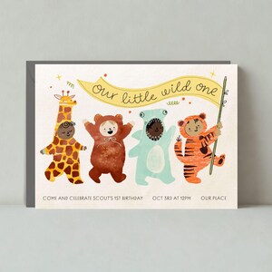 Paperless Post Anpassbare erste Geburtstag und Baby Party Einladung Vorlage | Illustrativ | Giraffe, Dschungeltiere | Sofort Download