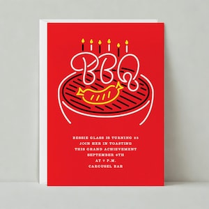 Papierloze post aanpasbare sjabloon uitnodiging verjaardagsfeestje | Vet en typografisch | Grill, neon, worst, barbecue | Direct downloaden
