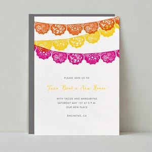 Plantilla de invitación personalizable para fiesta de inauguración de la casa sin papel / Mexicana, pancarta, colorida, amarilla, rosa, naranja / Descarga instantánea