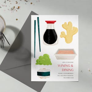 Papierloze post aanpasbare sjabloon uitnodiging verjaardagsfeestje | Illustratief | Soja, wasabi, eetstokjes, Japan | Direct downloaden