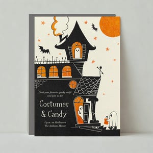 Uitnodiging voor Halloween-feest voor kinderen | Spookhuis, spook, Victoriaans huis | Aanpasbare sjabloon papierloze post | Direct downloaden