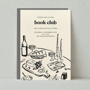 Uitnodiging boekenclubfeest | Illustratief | Eten, vleeswaren, wijn, eettafel | Aanpasbare sjabloon papierloze post | Direct downloaden