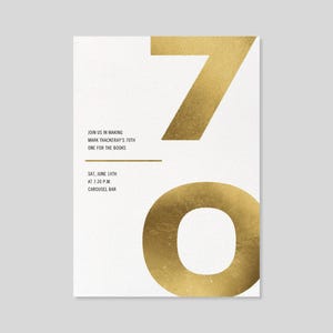 Invitation de fête d'anniversaire d'étape | Audacieux et typographique | Or, chiffres, 70e | Modèle personnalisable de publication sans papier | Téléchargement instantané
