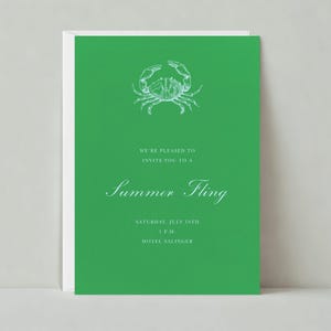 Może przedstawiać: Zielona karta zaproszenia z białą ilustracją kraba i tekstem "We're pleased to invite you to a Summer Fling Saturday, July 18th 1 P.M. Hotel Salinger"