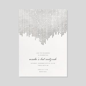 May include: A silver and white invitation card with a silver geometric design at the top. The text reads "Join the Goldbergs in celebrating Rosalie's Bat Mitzvah, Saturday, November 20th at 10 a.m., Temple Beth Am, Party at 7 p.m., Maple Hall."