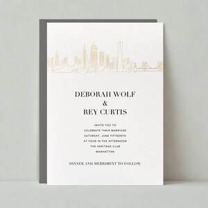 Plantilla de invitación de boda personalizable sin papel / Sencilla y minimalista / Horizonte de Manhattan, blanco, dorado / Descarga instantánea
