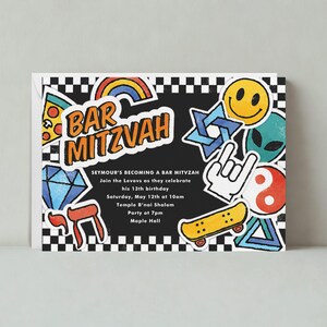 May include: A black and white chequered background with colourful cartoon graphics. The text "BAR MITZVAH" is in a large, bold font. The invitation includes the details of the event, including the date, time, and location.