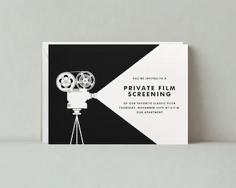 May include: A black and white invitation card with a vintage film projector graphic. The text reads "You're invited to a Private Film Screening" with event details. The card is a classic design for a movie night.