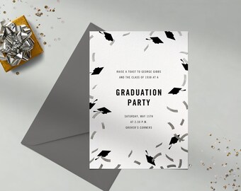 Paperless Post Customizable Graduation Party Invitation Template | Mortarboard, Streamers, Caps, Hats, Silver, Black | Instant Download