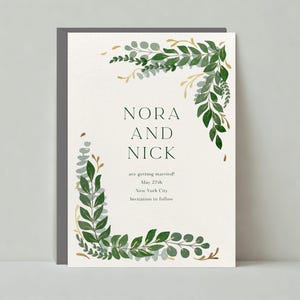 Plantilla personalizable para guardar la fecha de boda sin papel / Ilustrativa / Botánica, Follaje, Acuarela, Hojas / Descarga instantánea