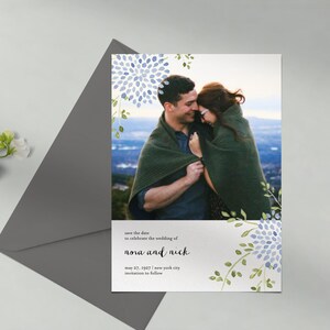 Papierloze post aanpasbare bruiloft-save-the-date-sjabloon | Illustratief | Bloemblaadjes, aquarel, bloemen, foto, dahlia's | Direct downloaden