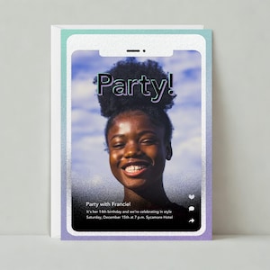 Papierloze post aanpasbare sjabloon voor kinderverjaardagsfeestje | Mobiele telefoon, telefoon, groen, paars, foto | Direct downloaden