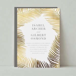 Sjabloon bruiloft uitnodiging | Boho gouden glamour | Rand, bladeren, tropisch, palmboom | Directe download, aanpasbaar | Papierloze post