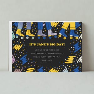Papierloze post aanpasbare sjabloon voor kinderverjaardagsfeestje | Rolschaatsen, jaren 90, geel, zwart, blauw | Direct downloaden