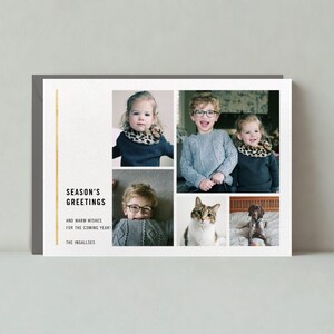 Puede incluir: Tarjeta de felicitación navideña con fotos familiares. La tarjeta presenta un collage de imágenes, incluidos niños y mascotas. El texto de la tarjeta dice "Season's Greetings" y "And warm wishes for the coming year!"