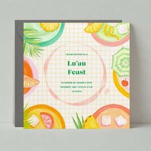 Papierloze post aanpasbare sjabloon uitnodiging verjaardagsfeestje | Illustratief | Palmbladeren, tropisch, cocktail, luau | Direct downloaden