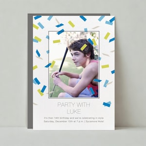 Paperless Post Anpassbare Kinder-Geburtstags-Party Einladung Vorlage | Foto, Bild, Blau, Ballon und Konfetti, Foto | Sofort Download