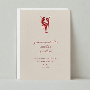 Papierloze post aanpasbare sjabloon uitnodiging diner | Grafisch, rustiek | Eten, diners, kreeften, rood, crème | Direct downloaden