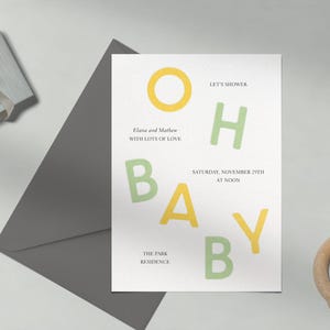 Paperless Post Anpassbare Babypartyeinladungsvorlage | Modern, Grafisch | Buchstaben, Pastell Grün, Pastell Farben | Sofort Download