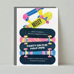 Invitación para fiesta de cumpleaños infantil / Deportes, actividades, patinaje, patineta, amarillo, rosa / Plantilla personalizable sin papel / Descarga instantánea