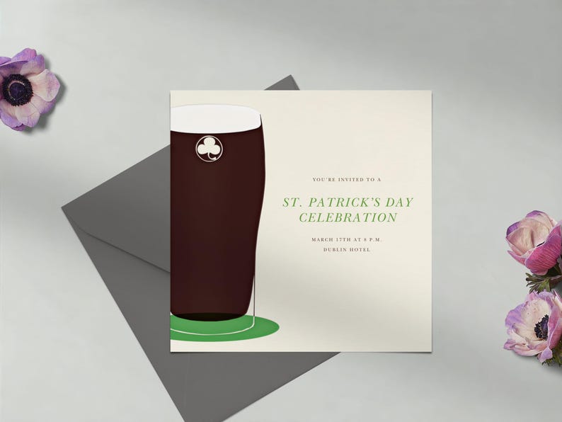 St Patricks Day Party Invitation | Guinness, Pints, Beer, Shamrocks, Ale, Cream |Paperless Post Customizable Template | Instant Download
