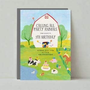 Uitnodiging verjaardagsfeestje voor kinderen | Illustratief | Dieren, cadeaus, vers van de boerderij | Papierloze aanpasbare postsjabloon | Direct downloaden