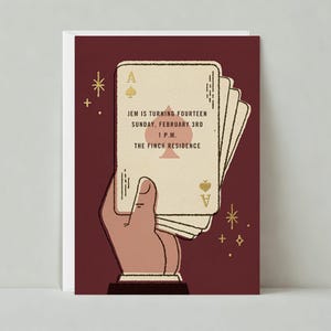 Uitnodiging verjaardagsfeestje voor kinderen | Goochelaar, kaarten, kaarttrucs, paars, magisch | Aanpasbare sjabloon papierloze post | Direct downloaden