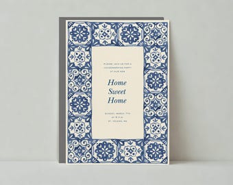 Housewarming Party Invitation | Border, Tile Design, Blue, Citrus, Destination |Paperless Post Customizable Template | Instant Download