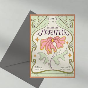 Modelo de convite para festa de primavera personalizável sem papel | Ilustrativo | Anos 60, Art Nouveau, Vintage | Download instantâneo