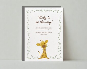 Customizable Baby Shower Invitation Template | Illustrative | Giraffe, Floral Border, Animal, Yellow | Instant Download | Paperless Post