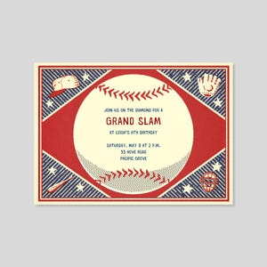 May include: Baseball-themed invitation with a cream-colored baseball graphic and red and blue accents. The text reads "Grand Slam" and includes event details: date, time, and location. Features baseball-related illustrations.