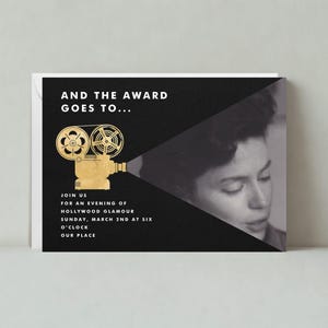 Paperless Post Customizable Viewing Party Invitation Template | Graphic | Film, Projector, Camera, Movies, Black, Gold | Instant Download