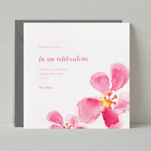 May include: A pink and white invitation card with a watercolour illustration of pink flowers. The text on the card reads "Please join us for a lu'au celebration with dinner and dancing Saturday, March 29th at 2 p.m. our place."