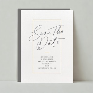 May include: Save the date card with a gold frame and black calligraphy text. The card reads "Save The Date" with the names Chiron Harris and Kevin Jones, the date October 1st, the location Miami, and the text "Invitation to follow".