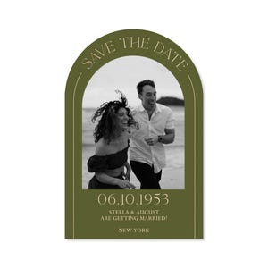 Papierloze post aanpasbare bruiloft-save-the-date-sjabloon | Modern | Boog, olijfgroen, typografie, groen, foto | Direct downloaden
