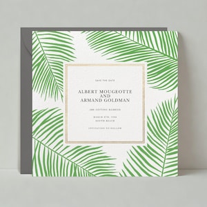 Aanpasbare save-the-date-uitnodigingssjabloon | Vrolijk en levendig | Palm, lijst, varen, varenblad | Direct downloaden | Papierloze post