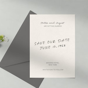 Papierloze post aanpasbare bruiloft-save-the-date-sjabloon | Modern | Eenvoudig, strak, modern en strak, tekst, crème | Direct downloaden