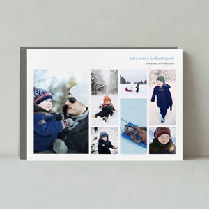 Puede incluir: Una tarjeta navideña con un collage de fotos familiares en un entorno invernal. La tarjeta incluye imágenes de personas con ropa de invierno, jugando en la nieve. El texto en la parte superior dice "here's to a brilliant year!" y los nombres "clare and archie jones".