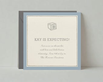 May include: A blue and gray baby shower invitation with a block letter B and the text "KAY IS EXPECTING!"  Join us as we shower her with love and little booties. Saturday, June 4th at 2 p.m. The Miniven Residence.