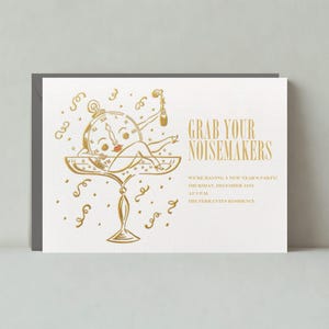 Anpassningsbar inbjudningsmall för nyårsfest med papperslös post | Klocka, fickur, champagne, cocktail | Direktnedladdning