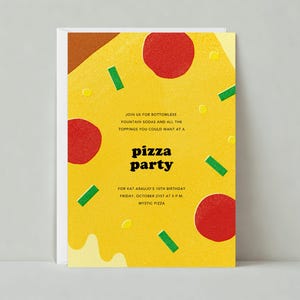Uitnodiging verjaardagsfeestje voor kinderen | Pepperoni, pizza, kaas, geel, eten | Aanpasbare sjabloon papierloze post | Direct downloaden