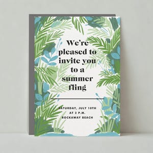 Papierloze post aanpasbare sjabloon uitnodiging strand- en zwembadfeest | Zomers vermakelijk, palmbomen, tropisch | Direct downloaden