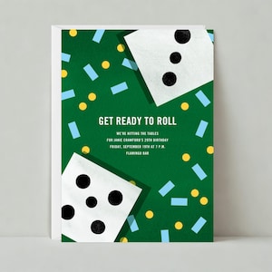 Papierloze post aanpasbare sjabloon uitnodiging game-avondfeest | Grafisch | Verjaardag, gokken, dobbelstenen, geel, groen | Direct downloaden